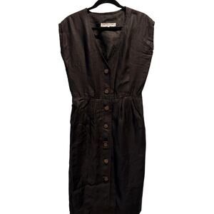 Vintage Saint Laurent Rive Gauche Womens EU 42 Black Linen Midi Dress France